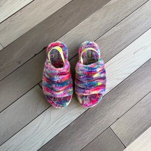 UGG Women's Fluff Yeah Pixelate Slide slippers in a multicolor pattern.